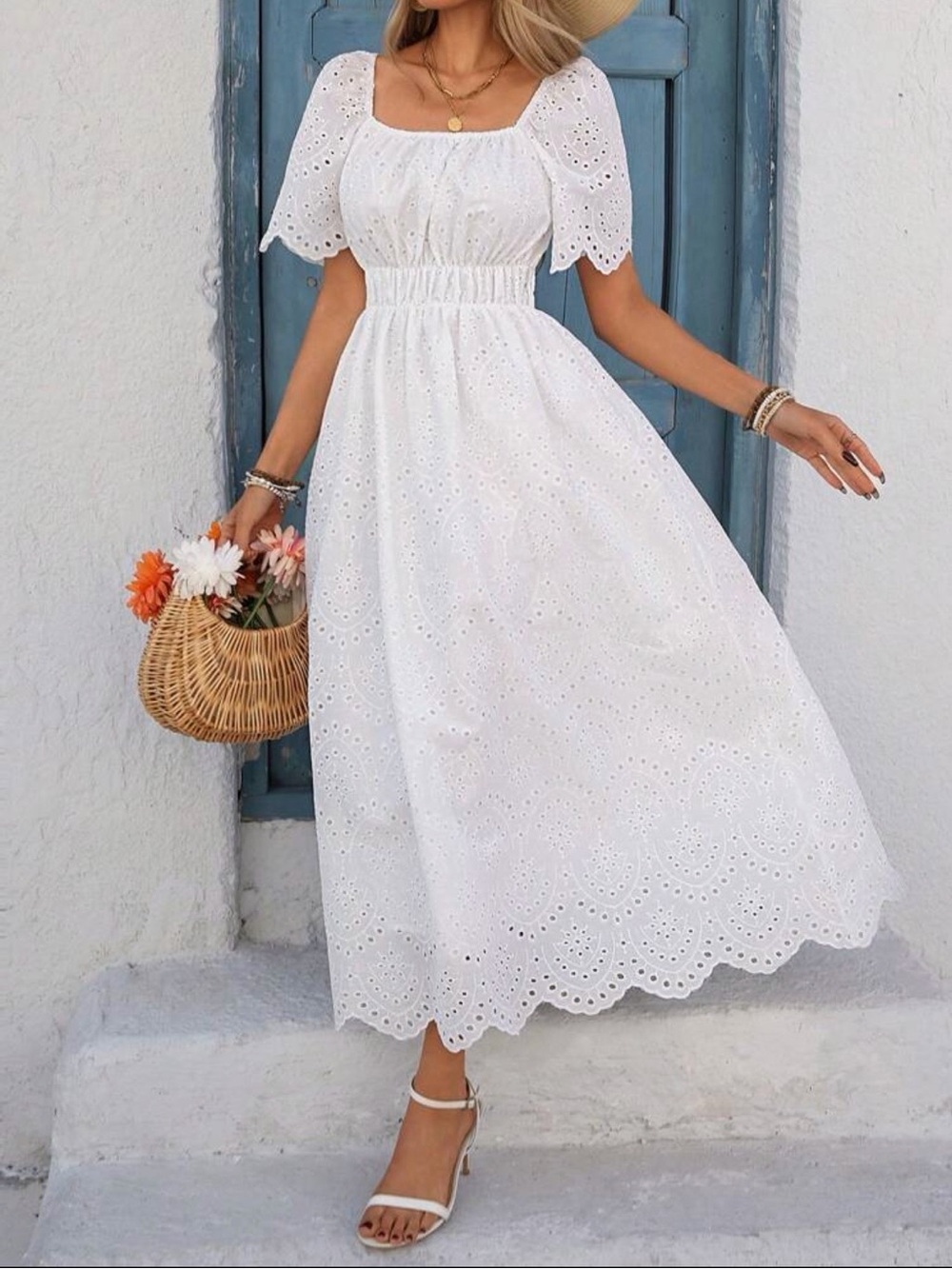 White Eyelet Dress with Puff Sleeves